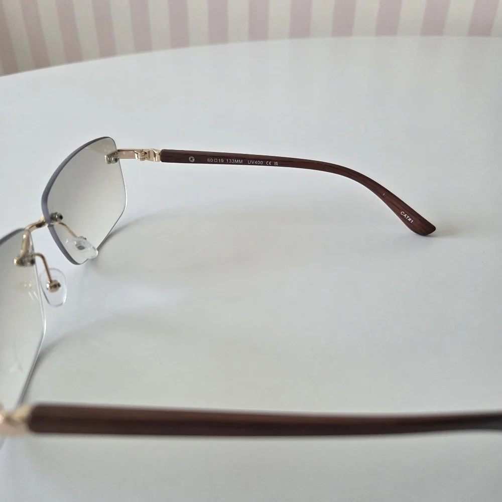 NWT Rimless Gray Lens Wayfare Wood Temple‎ Sunglasses Gold Accent UV 400 133mm